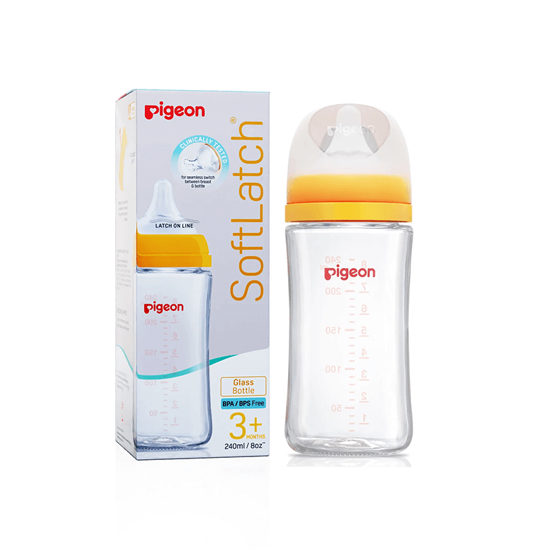 Glass Nursing Bottle with Softlatch Nipple 240ml Yellow
